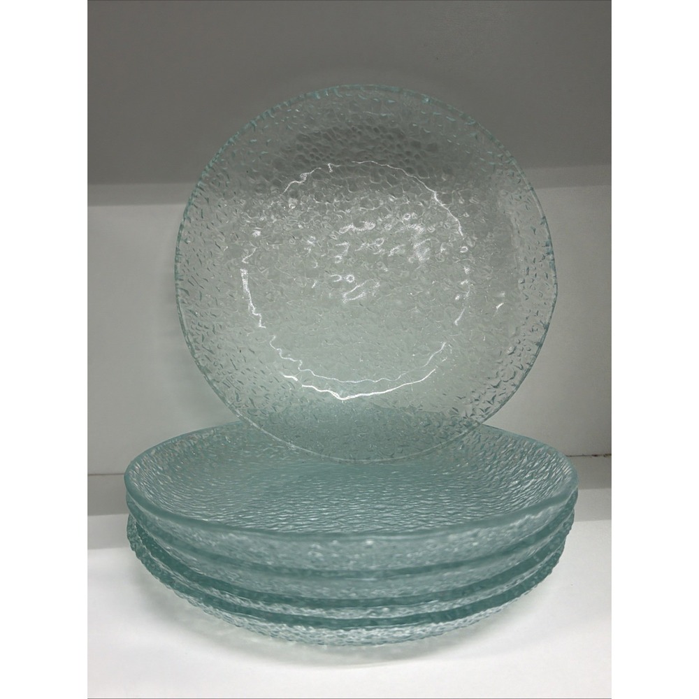 Set Of 5 Pebble Glass Dessert Plates Aqua Textured Glass 6.5" Diameter